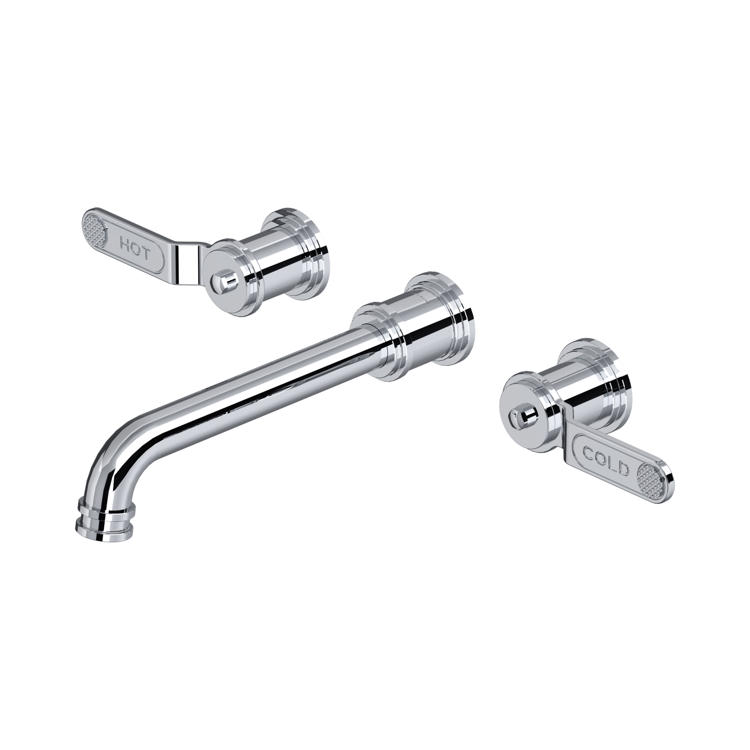 Chrom-Wandarmatur 3-Loch für Waschbecken, Auslauf mit zwei seitlichen Hebeln HOT und COLD, klassisches Design, Mischbatterie zur Temperaturregelung