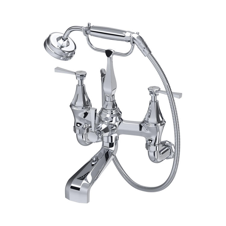 Hochwertige Badewannenarmatur im Retro-Design aus Chrom, 2-Griff-Mischer mit Umsteller und flexibler Handbrause, zur Wandmontage – ideal für klassische Bäder.