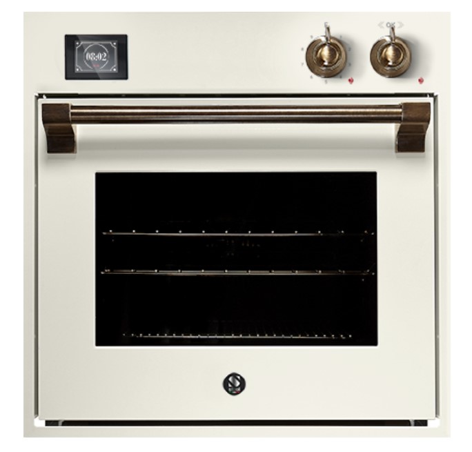 Cremefarbener Einbau-Backofen im Retro-Design mit goldenen Drehknöpfen, Holzgriff und digitaler Uhranzeige