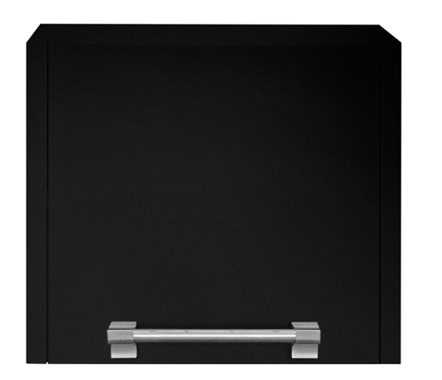 Vorderansicht einer schwarzen Küchenschranktür mit breitem Edelstahlgriff