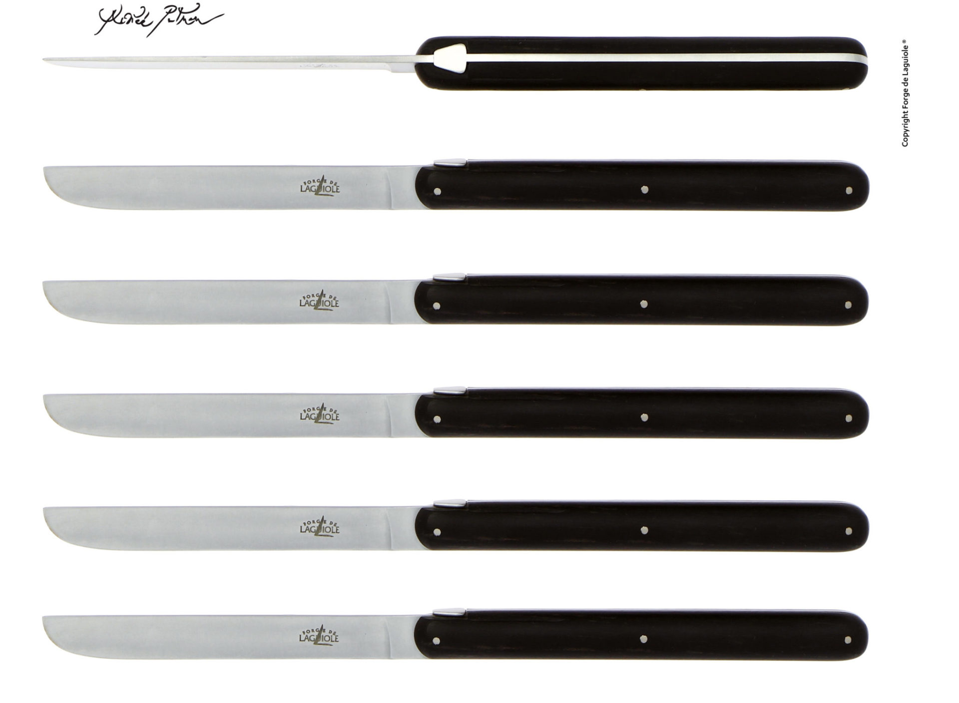 Set aus sechs schwarzen Tafelmessern Forge de Laguiole mit Edelstahlklinge Sechs schwarze Tafelmesser der Marke Forge de Laguiole, nebeneinander angeordnet mit Edelstahlklinge und schlichtem Design