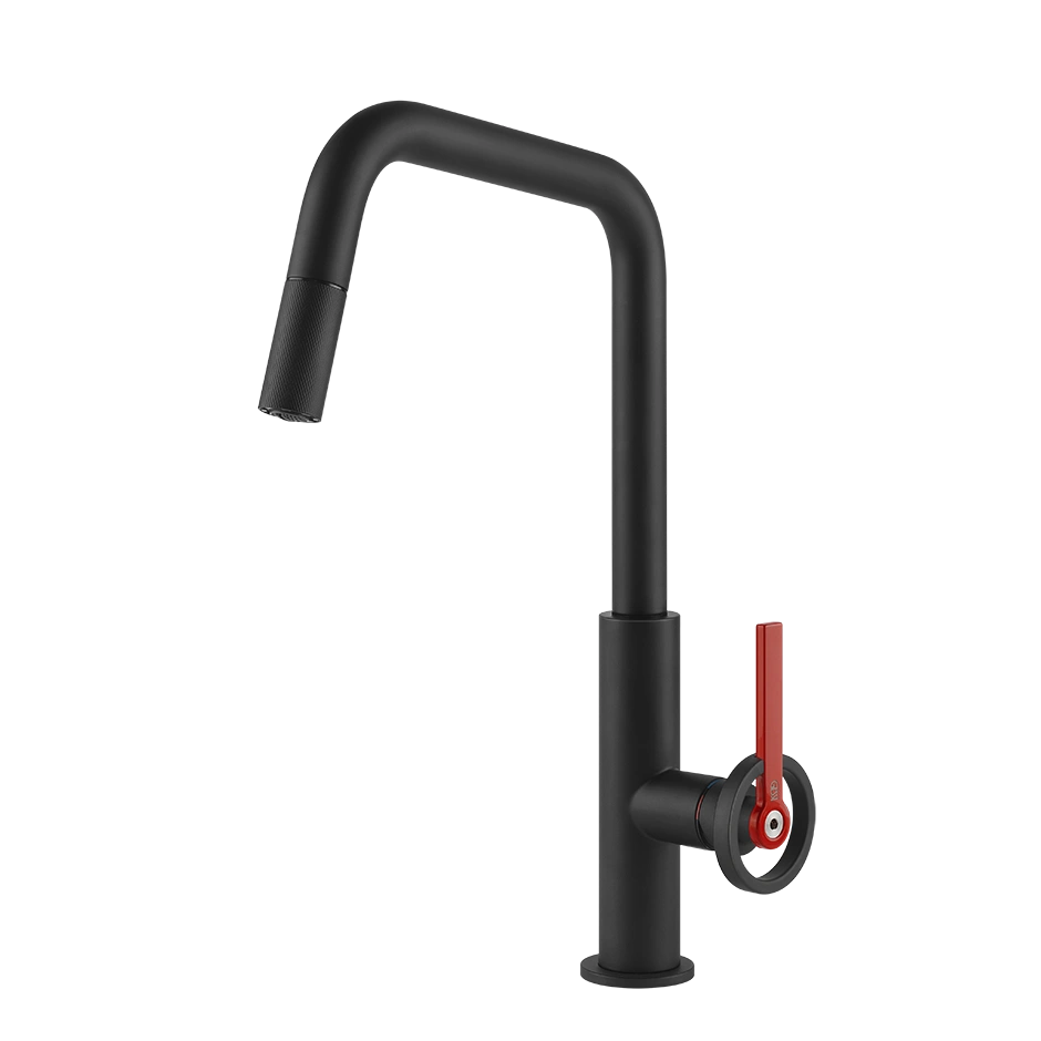 Mattschwarze Küchenarmatur mit Winkel-Auslauf, rot