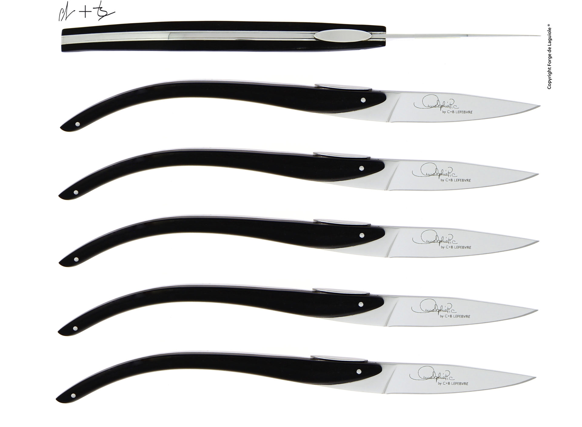 Laguiole Steakmesser Set aus Edelstahl mit schwarzen Griffen, 6-teilig Sechsteiliges Laguiole Steakmesser Set mit eleganten, schwarzen Griffen und Edelstahlklingen, gerade angeordnet