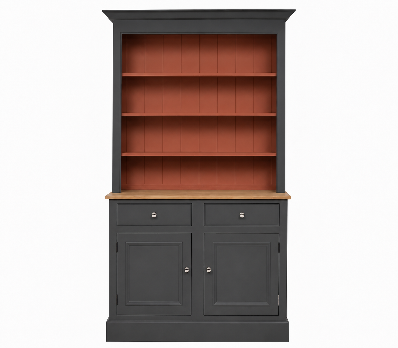 Klassischer Buffetschrank in Anthrazit mit offenen Regalböden, terrakottafarbener Rückwand und Eichenplatte; unten 2 Türen und 2 Schubladen – ideal für Küche oder Esszimmer