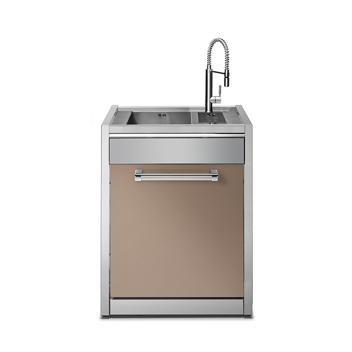 Moderne Outdoor-Küchenzeile mit Edelstahl-Spüle und Wasserhahn, ideal für Garten oder Terrasse Freistehende Outdoor-Küchenzeile aus Edelstahl mit großer Spüle, Unterschrank und flexiblem Wasserhahn in elegantem Design