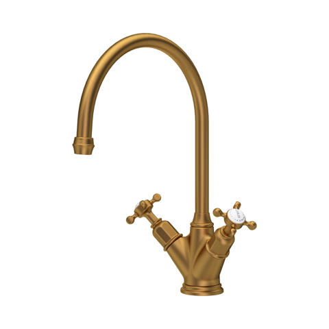 Elegante Retro-Küchenarmatur aus massivem Messing in gebürstetem Gold, 2-Griff-Mischer mit hohem, drehbarem Auslauf für Warm- und Kaltwasser