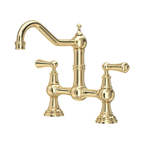 Goldene Küchenarmatur aus poliertem Messing mit hohem Auslauf und zwei Griffen im klassischen Bridge-Design; hochwertige Mischbatterie für Warm- und Kaltwasser für die Spüle