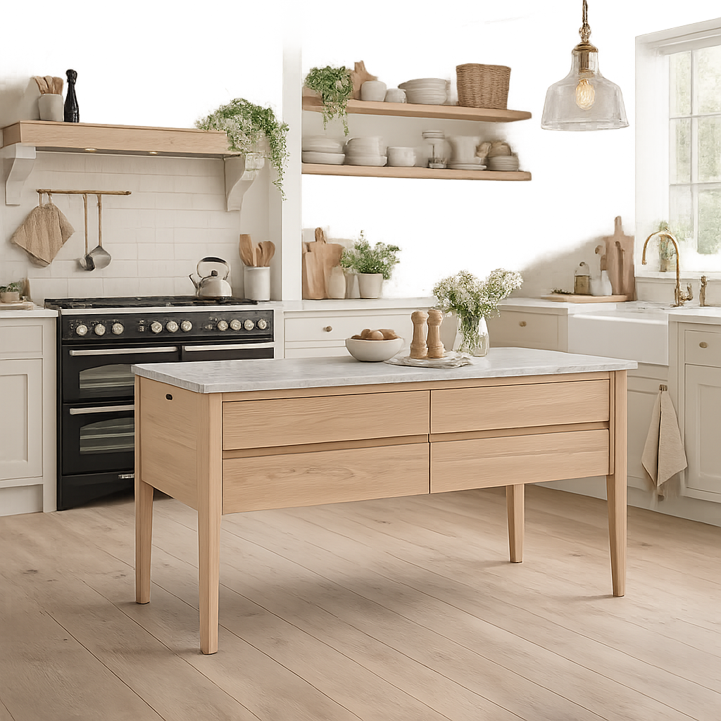 Helle Kücheninsel aus massiver Eiche mit weißer Marmor-Arbeitsplatte und zwei Schubladen, freistehend in Landhausküche neben Spülbecken und Herd – ideal als Arbeitsfläche und Stauraum
