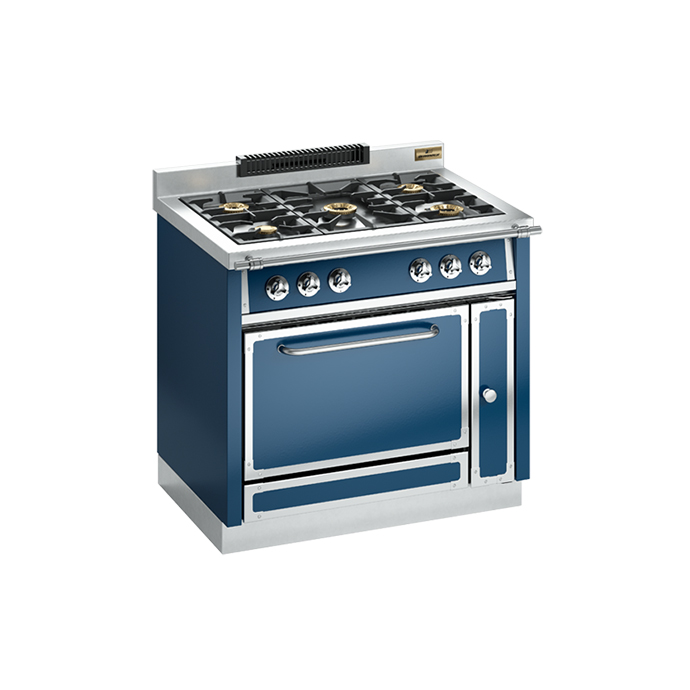 Blauer Standherd mit Gas-Kochfeld und Backofen im Retro-Design – Hochwertiger Küchenherd für stilvolle Küchen Blauer Standherd mit fünf Gaskochfeldern und großem Backofen im nostalgischen Retro-Look, aus Edelstahl und Emaille