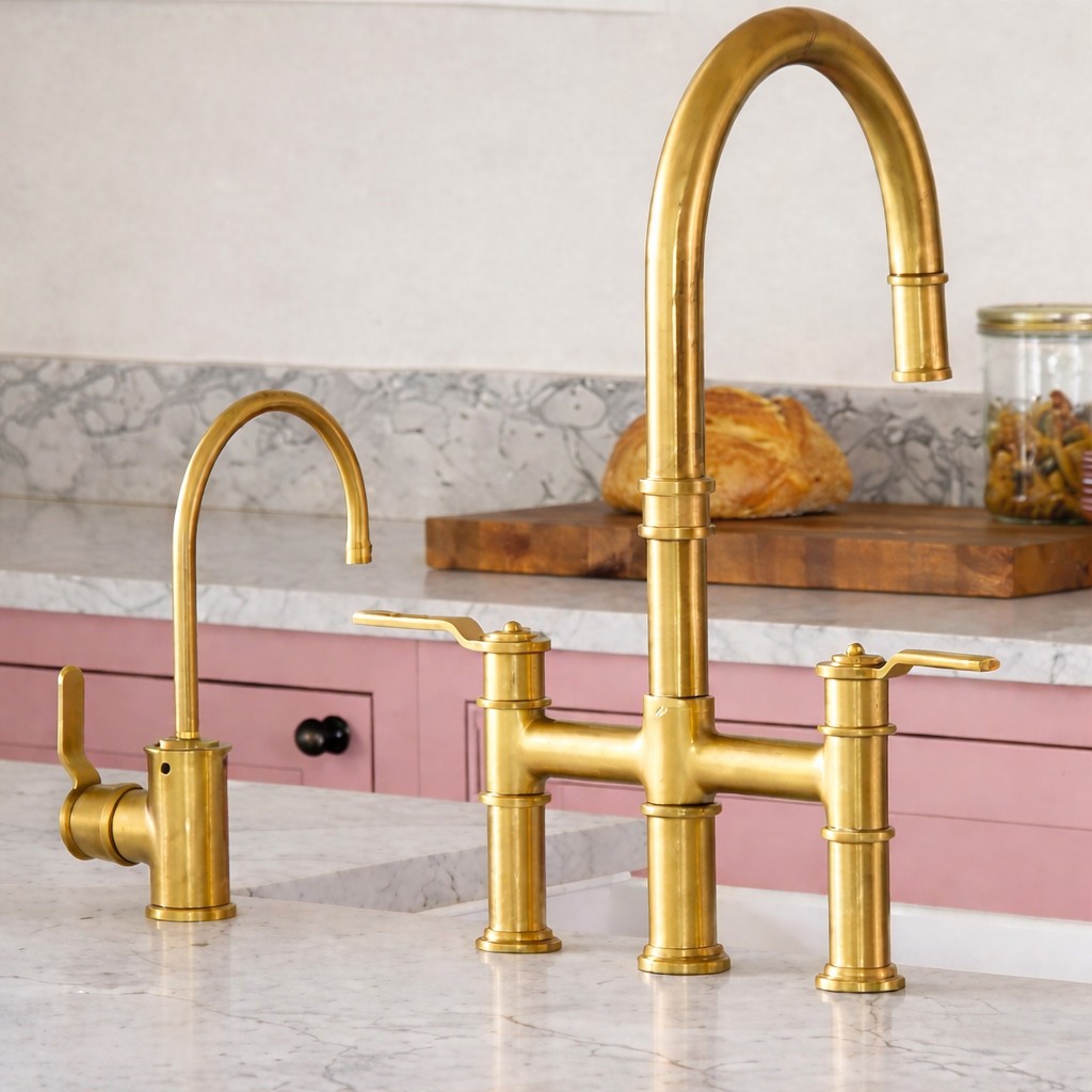 Goldene Küchenarmatur aus Messing: 3-Loch Brückenmischer mit zwei Hebeln und hohem Auslauf, inklusive separatem Zusatzhahn – edles Retro-Design für die Küchenspüle