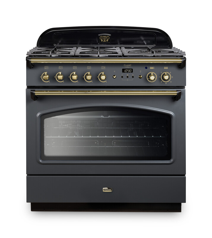 Falcon Classic Standherd mit Gas-Kochfeld, sechs Drehreglern, Digitalanzeige und großem Backofen in schwarz-gold im Retro-Look