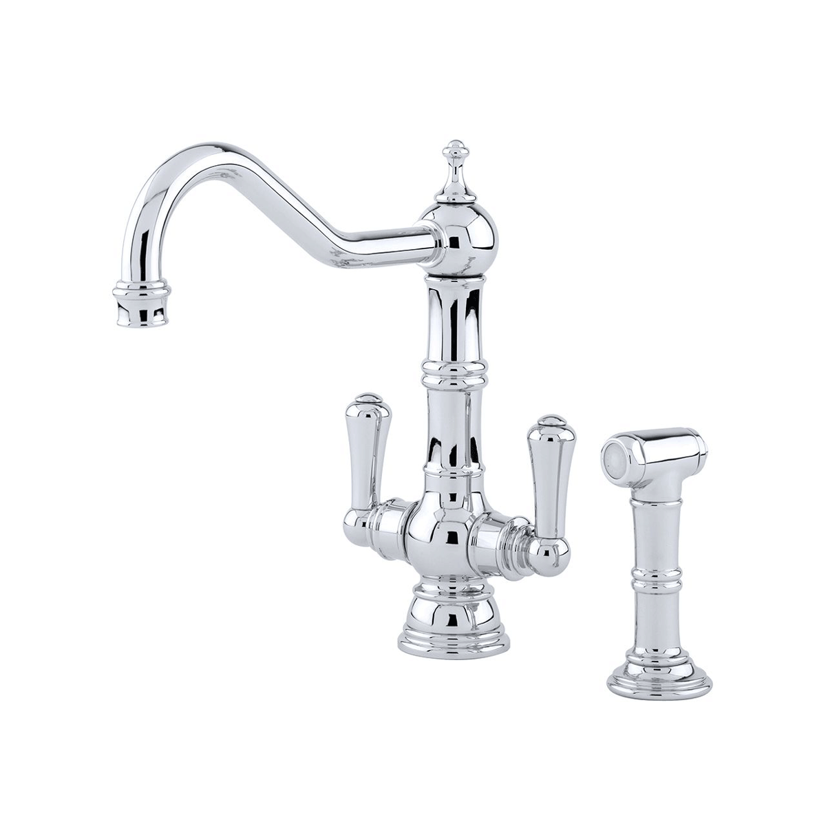 Elegante Küchenarmatur im Retro-Design mit separatem Handbrauseaufsatz aus verchromtem Metall Verchromte Küchenarmatur im klassischen Retro-Stil mit zwei Hebeln und separater Handbrause auf weißem Hintergrund