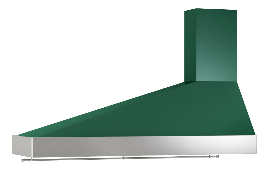 Dunstabzugshaube in grün mit Edelstahlleiste, schräges Design, ideal für moderne Küchen