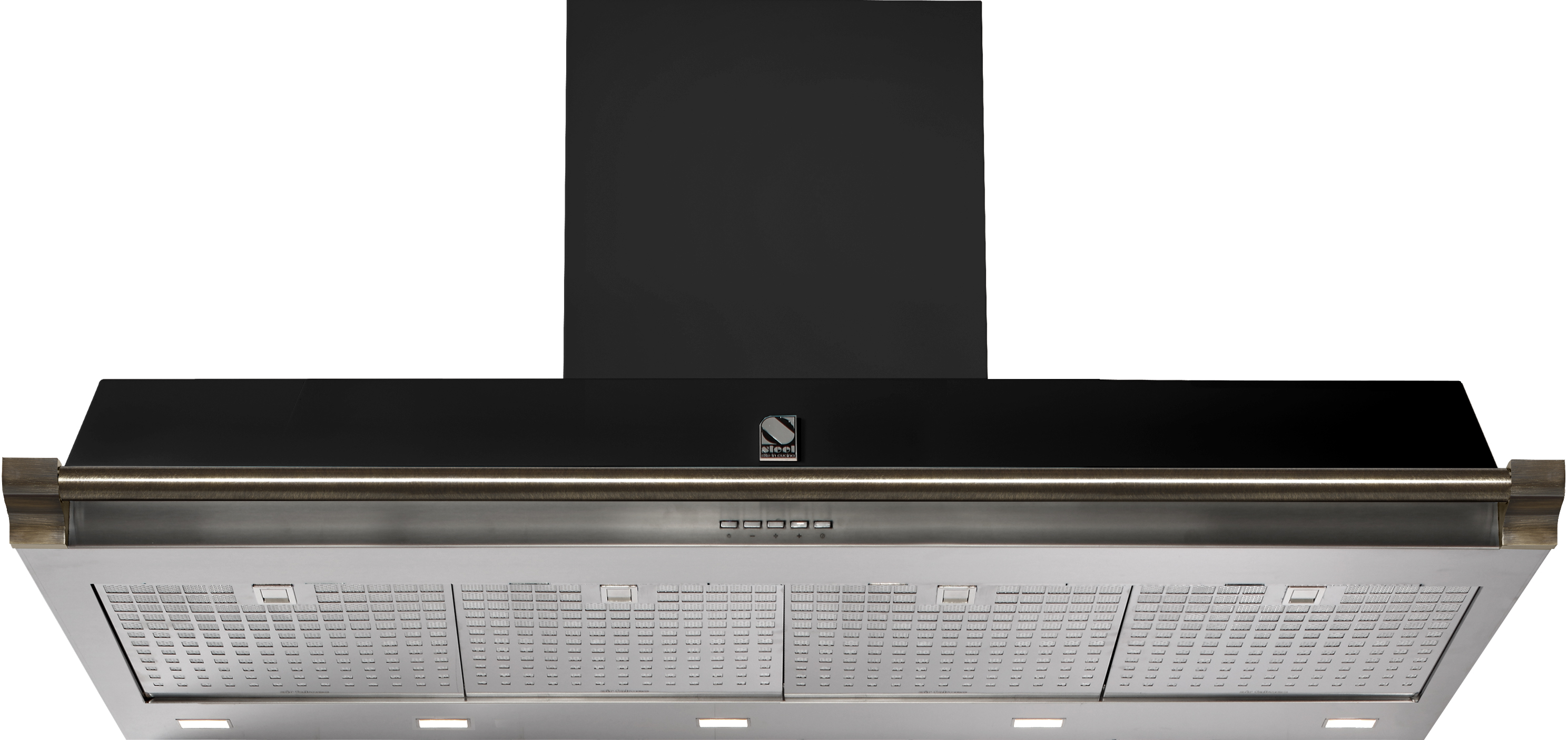 Frontale Ansicht einer modernen Dunstabzugshaube aus Edelstahl mit schwarzem Schacht, LED-Beleuchtung und Metall-Fettfiltern