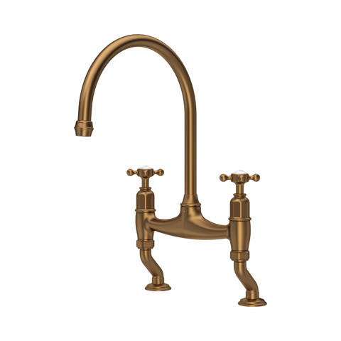 Zweigriff-Küchenarmatur aus massivem Messing in antik-brauner Bronze, hoher Schwanenhals-Auslauf, klassische Brückenarmatur für das Spülbecken, langlebige Mischbatterie mit Kreuzgriffen