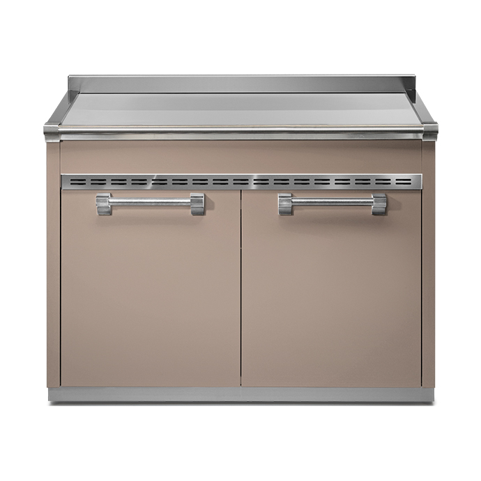 Outdoor-Küchenschrank mit Edelstahl-Oberfläche und zwei Türen, ideal für Garten oder Terrasse Moderner Outdoor-Küchenschrank aus Edelstahl mit zwei großen Türen und praktischer Arbeitsfläche
