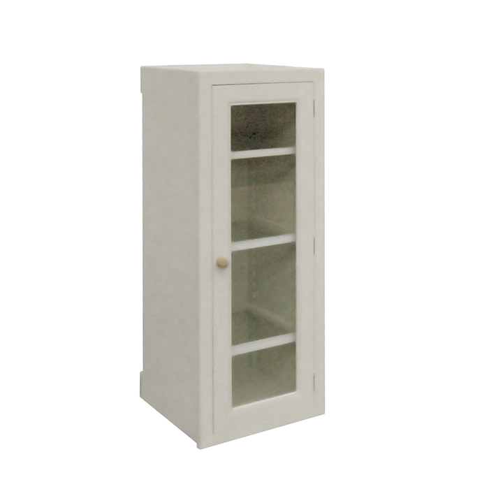 Weißer Holzschrank mit Glastür und drei Einlegeböden – ideal als Vitrine oder Aufbewahrungsschrank Weißer Schrank aus Holz mit Glastür und drei Ablageflächen, geeignet zur Aufbewahrung oder Präsentation