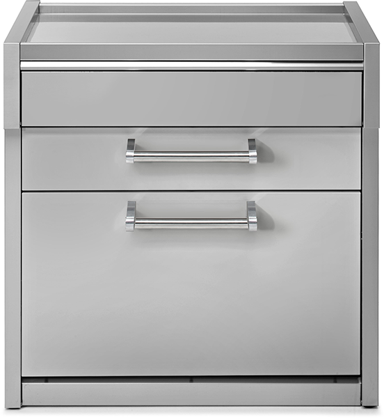 Moderner Küchenschrank aus Edelstahl mit zwei Schubladen und klaren Linien Küchenschrank aus Edelstahl, Vorderansicht, zwei große Schubladen mit Griffen, modernes Design