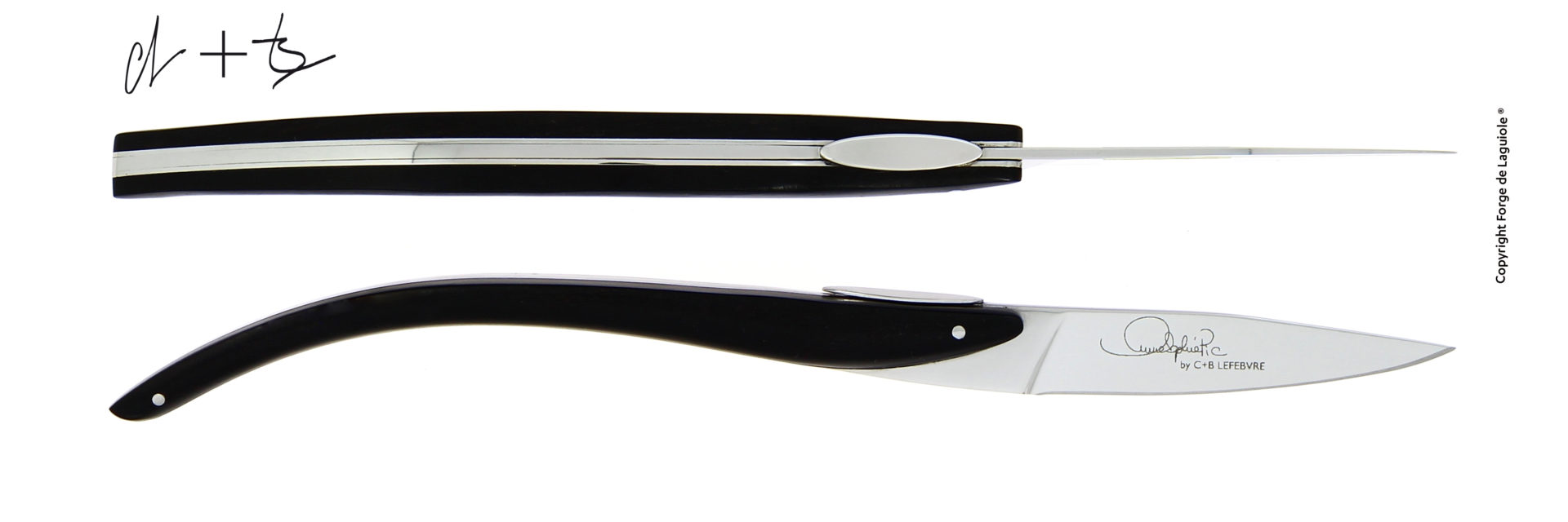 Exklusives Designer-Taschenmesser von Forge de Laguiole mit schwarzem Griff und Gravur Elegantes, modernes Taschenmesser von Forge de Laguiole, Modell C+B Lefebvre, mit schlankem schwarzen Griff und signierter Edelstahlklinge.