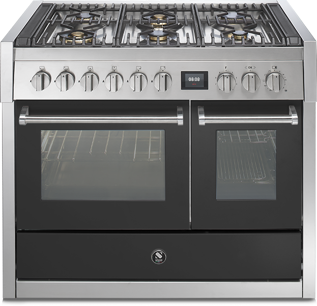 Hochwertiger Gasherd mit 6 Kochfeldern und zwei separaten Backöfen, Edelstahl, modernes Design Gasherd mit sechs Kochfeldern, zwei Backöfen und Edelstahlfront, geeignet für professionelle Küchen