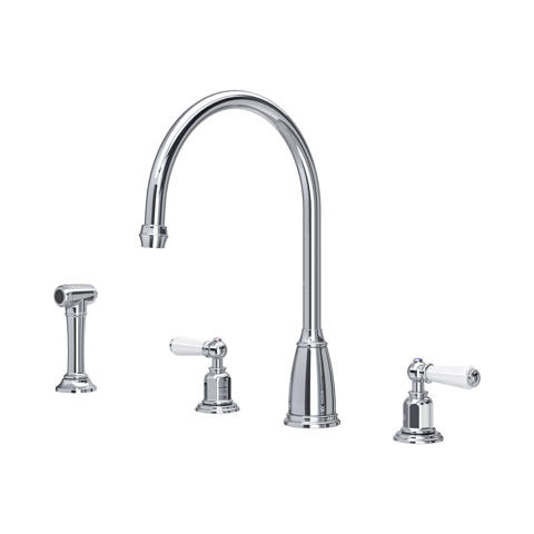 Elegante 4-Loch-Küchenarmatur mit hohem Bogen, zwei Porzellanhebel-Griffen und seitlicher Handbrause; Oberfläche Chrom, ideal für Spülbecken im Landhaus- oder Retro-Stil