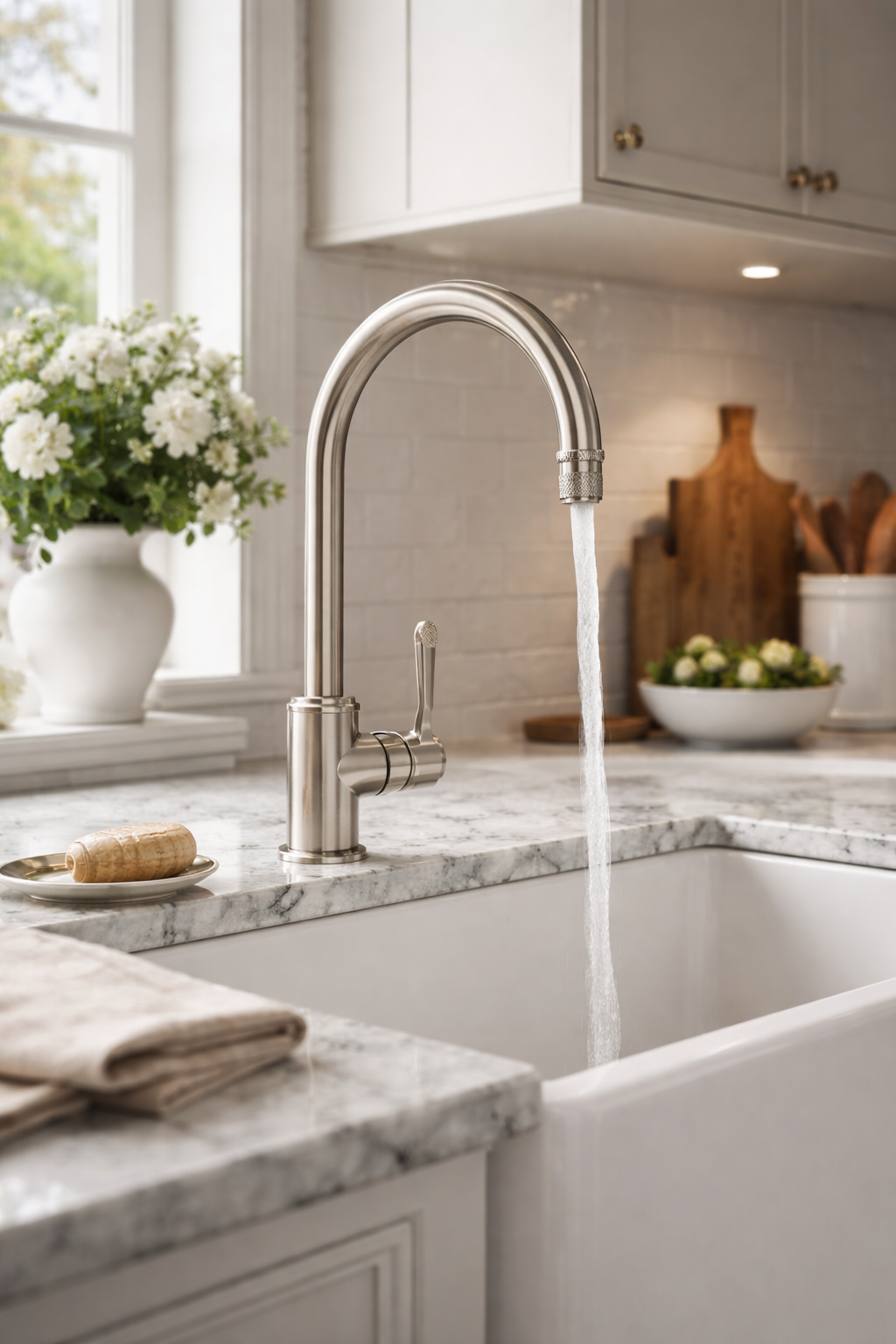 Edelstahl-Küchenarmatur mit hohem Schwenkauslauf, Einhebelbedienung und Laminarstrahl an Spülbecken auf Marmorarbeitsplatte – hochwertige, pflegeleichte Wasserhahn-Lösung für die Küche