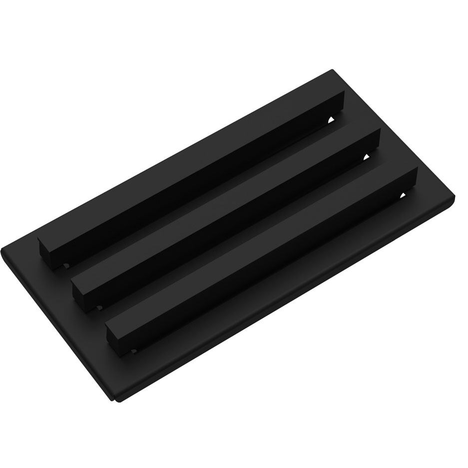 Schwarzes Lüftungsgitter aus Metall mit drei Lamellen, rechteckig Schwarzes Metall-Lüftungsgitter mit drei parallel verlaufenden Lamellen in rechteckiger Form