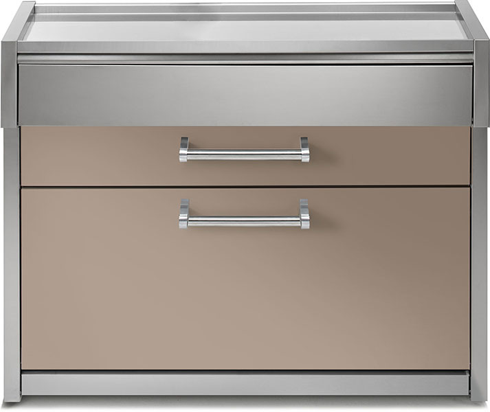 Edelstahl-Unterschrank mit zwei Schubladen und sandfarbener Front für die Outdoor-Küche Moderner Unterschrank aus Edelstahl mit zwei Schubladen und sandfarbener Front, ideal für Outdoor-Küchen und Gartenbereiche
