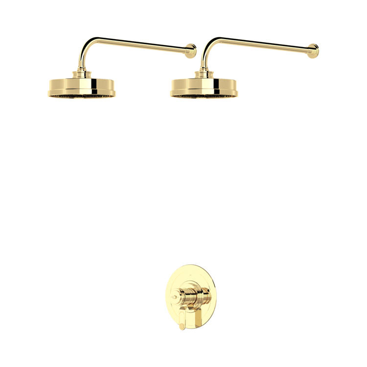 Luxuriöses Duschset in poliertem Gold: zwei runde Regenduschköpfe mit langen Wandarmen und passender Thermostat‑Armatur aus hochwertigem Messing – elegantes Upgrade für das Bad