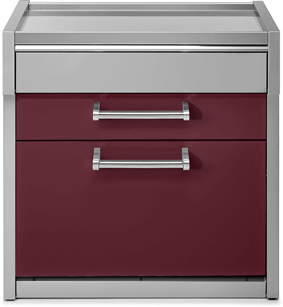 Modulschrank mit zwei Auszügen, Farbe Bordeaux und Grau, moderne Edelstahlgriffe, ideal für Küche oder Werkstatt Frontansicht eines modernen Schranks mit zwei Auszügen in Bordeaux-Rot und Grau, Metallgriffen und Edelstahlrahmen