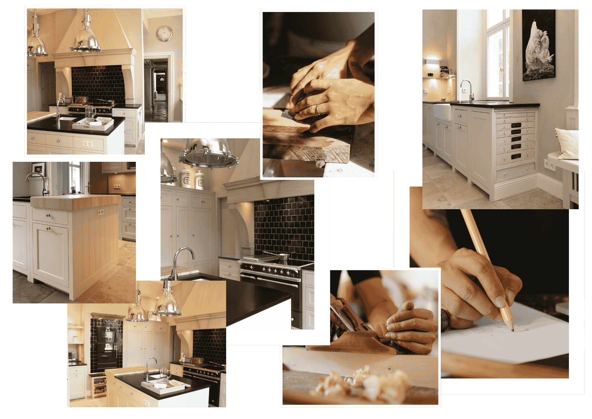 Fotocollage einer maßgefertigten Landhausküche: weiße Massivholz-Fronten, schwarze Fliesenrückwand, Kochinsel mit Arbeitsplatte, Keramikspüle; Detailfotos von Handarbeit, Zeichnung und Holzverarbeitung.