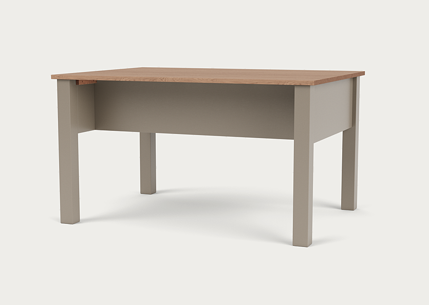 Rechteckiger Esstisch mit Eichenholzplatte, stabiler Korpus und Beine beige lackiert; ideal für Esszimmer, Küche oder Homeoffice