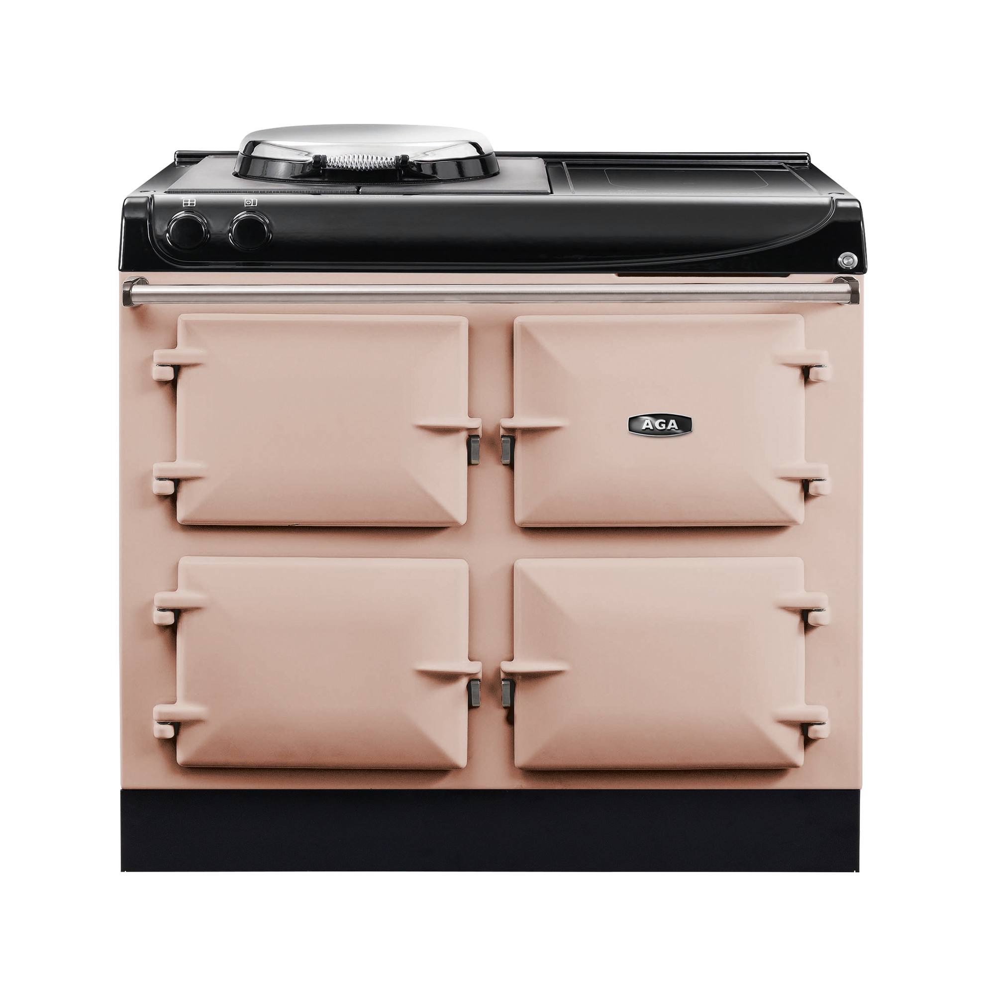 AGA Herd in Rosé mit vier Backofentüren und Kochplatte, klassischer Küchenofen Freistehender AGA Herd in Rosé mit schwarzer Oberseite, vier Ofentüren und Kochplatte, geeignet für traditionelle Küchen