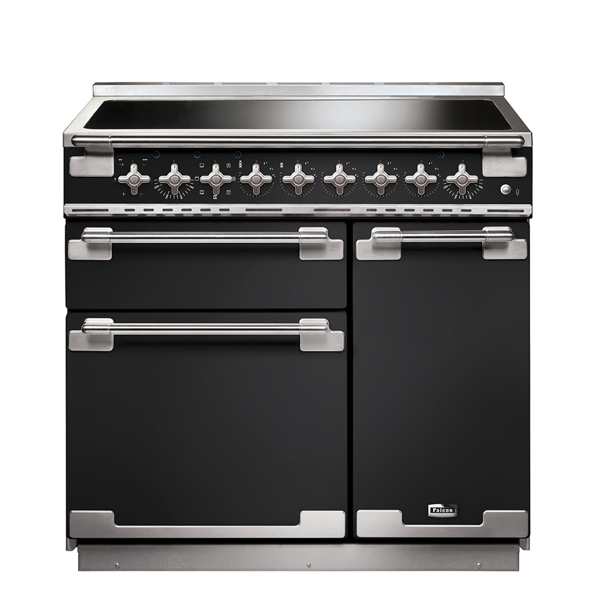 Falcon Range Cooker in Schwarz mit Induktionskochfeld und mehreren Backöfen, modernes Design Schwarzer Falcon Range Cooker mit Induktionskochfeld, sieben Bedienknöpfen und drei Backofentüren, ideal für große Küchen