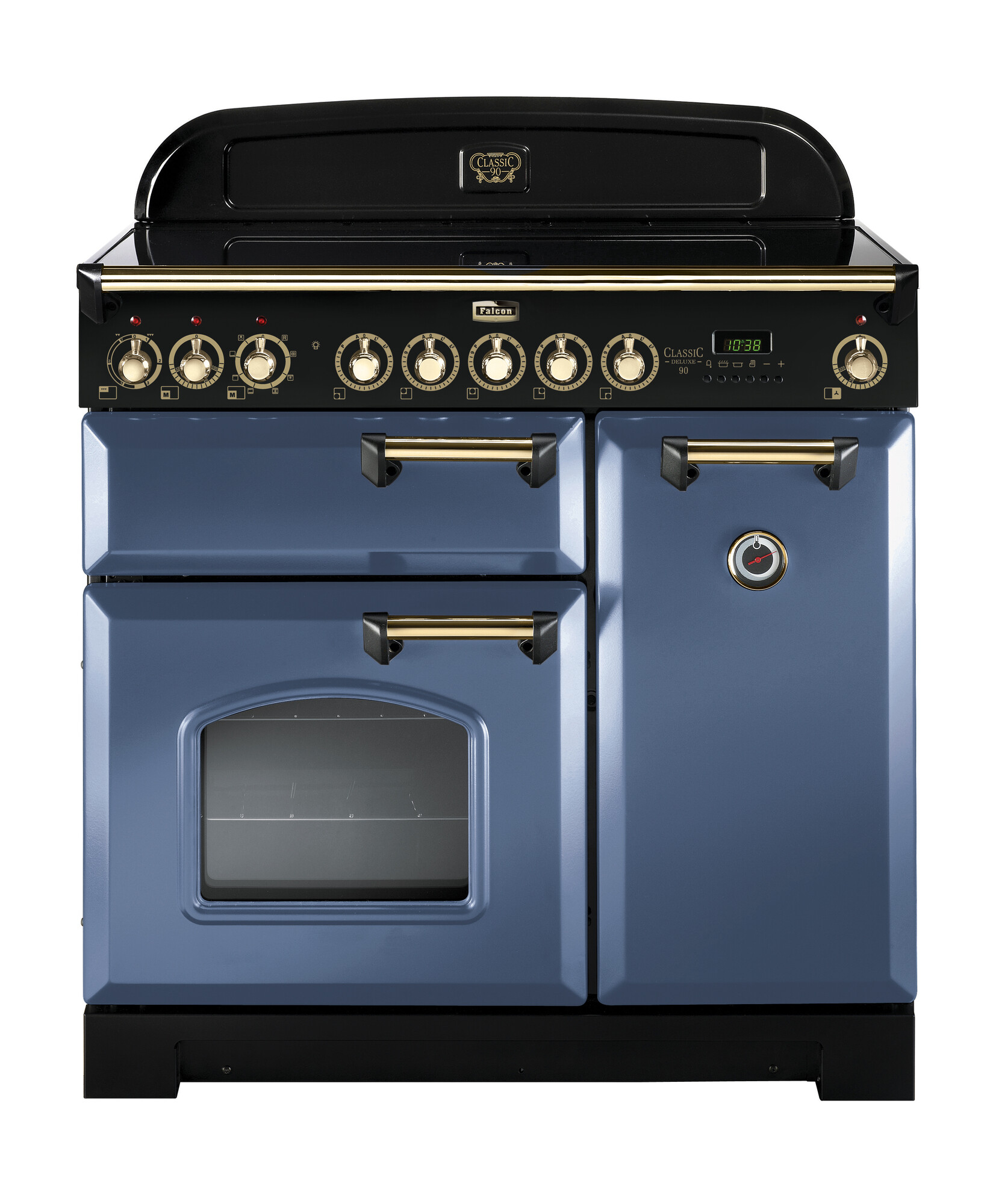Blauer Falcon Classic 90 Induktionsherd mit goldenen Griffen, zwei Backöfen und Bedienfeld