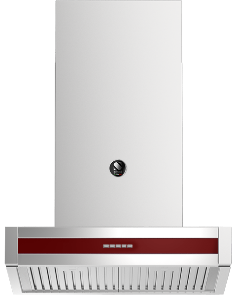 Wand-Dunstabzugshaube aus Edelstahl mit roter Frontblende und Lamellen-Fettfiltern; leistungsstarke Abzugshaube für die Küche