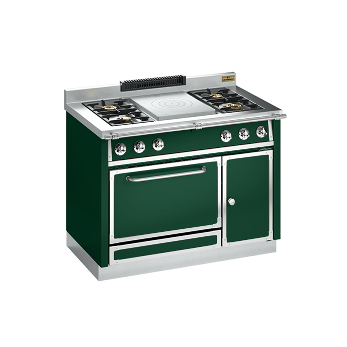 Hochwertiger grüner Gasherd mit Edelstahl-Elementen und mehreren Kochfeldern für professionelle Küchen Grüner Gasherd mit vier Kochfeldern, Bratfläche und Backofen, ideal für anspruchsvolle Küchen und Hobbyköche