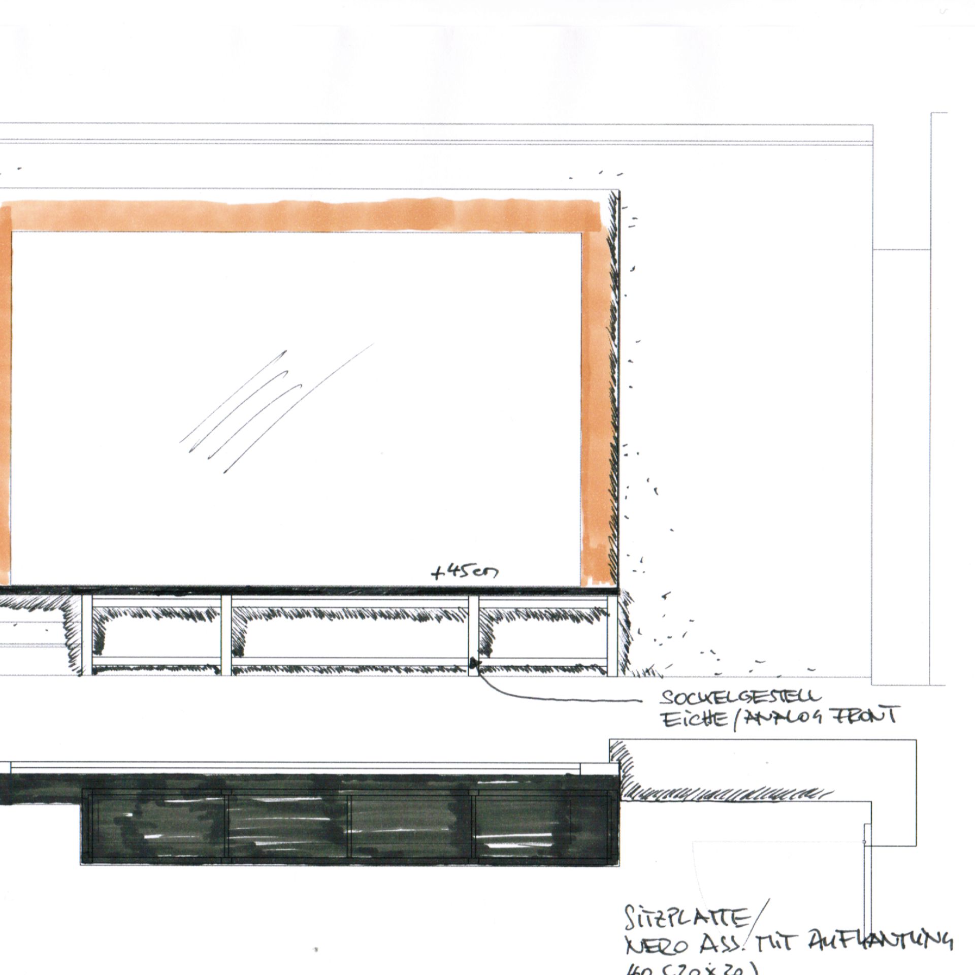 Handgezeichnete Möbelplanung: TV-Wand mit großem Rahmen in Eiche, niedrigem Sideboard mit anthrazitfarbener Front und Sockelgestell; Sitzplatte Nero Assoluto – moderne Wohnwand, maßgefertigt