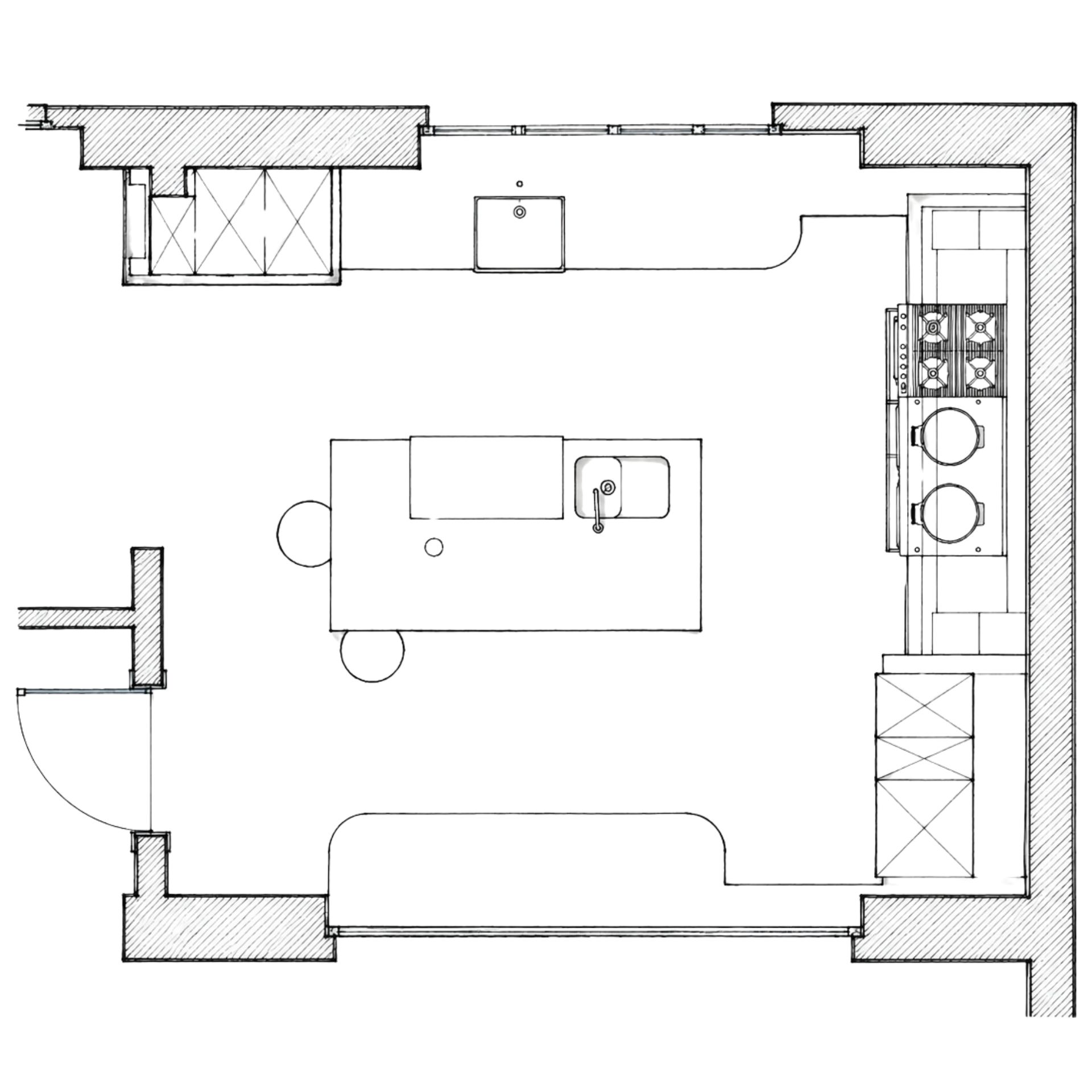 Grundriss einer Küche: Einbauküche mit Kochfeld, Backofen und Hochschränken, zentrale Kochinsel mit Spüle und Sitzplätzen – ideale Vorlage für Küchenplanung und Möbelkauf