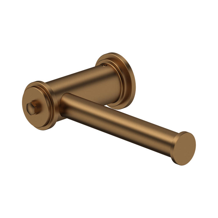 Moderner, offener WC-Papierhalter zur Wandmontage in gebürstetem Bronze; zylindrisches Design mit verdeckter Befestigung, passend für Standard-Toilettenrollen