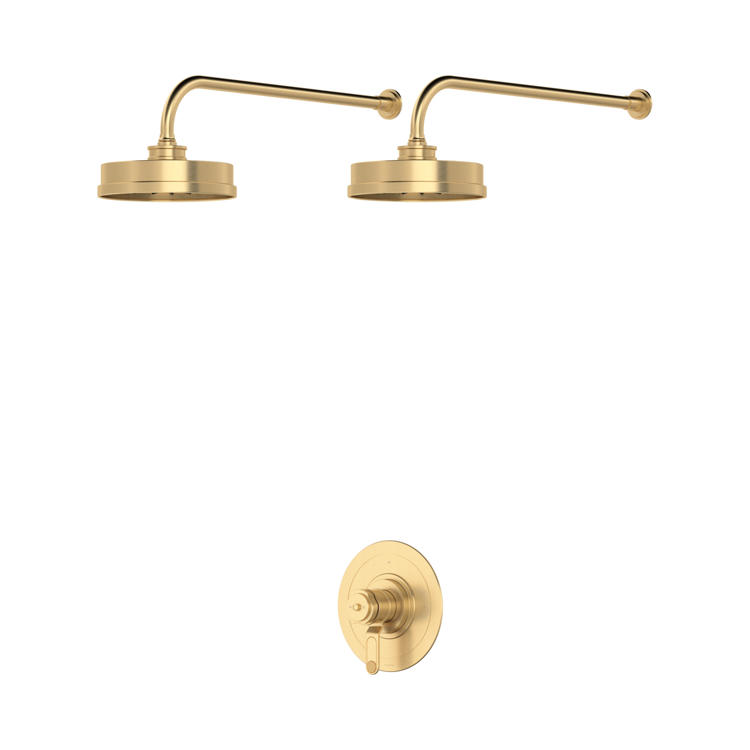 Duschsystem in Gold: zwei runde Wand-Regenduschen mit langen Brausearmen und passendem Einhebel-Mischer/Umsteller für die Dusche