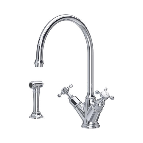 Chrom Küchenarmatur im Retro-Design mit hohem Auslauf, zwei Kreuzgriffen für warm/kalt und separatem Seitensprüher – hochwertige Spültischbatterie für die Küche