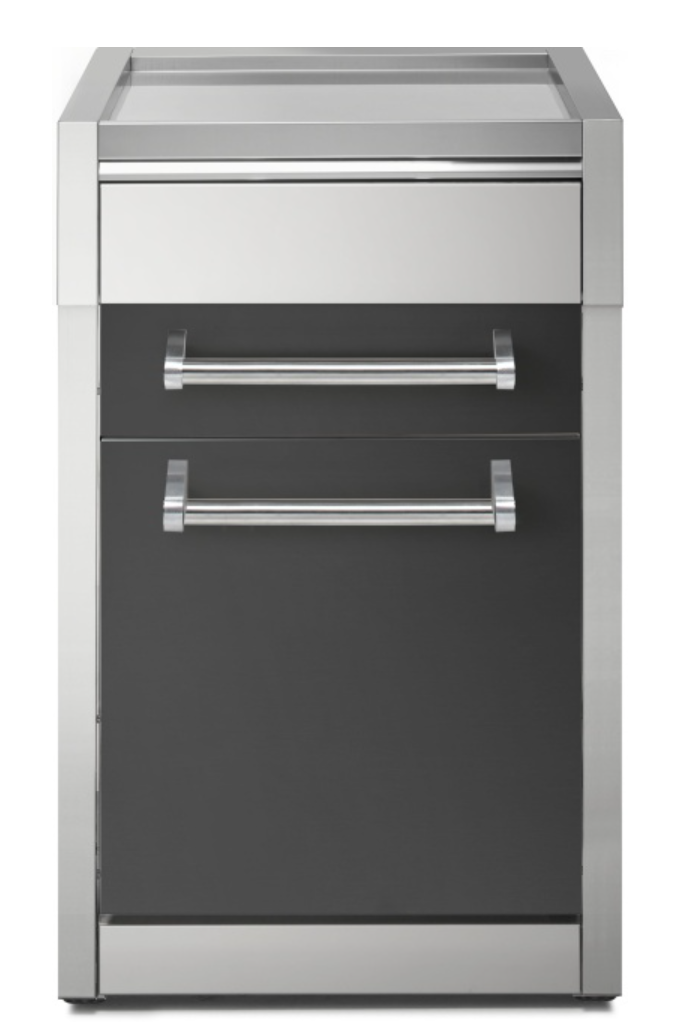 Hochwertiger Edelstahlschrank mit Schublade und Tür für die Outdoor-Küche Moderner Edelstahlschrank mit einer Schublade und einer Tür, ideal für den Einsatz in Outdoor-Küchen oder auf der Terrasse