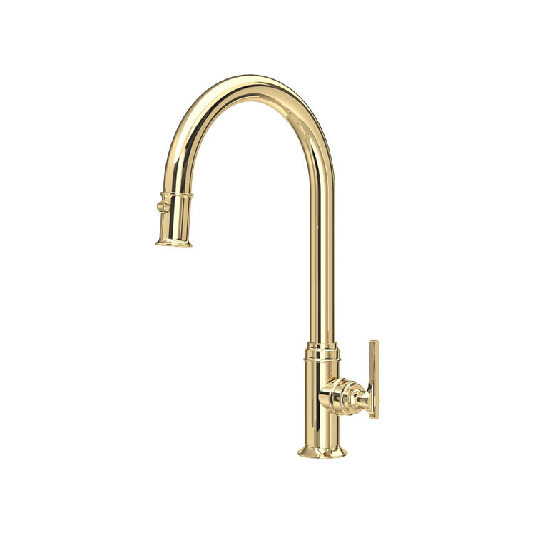 Goldene Küchenarmatur aus Messing mit hohem Schwanenhals und seitlichem Einhebelmischer – edler Wasserhahn für die Spüle