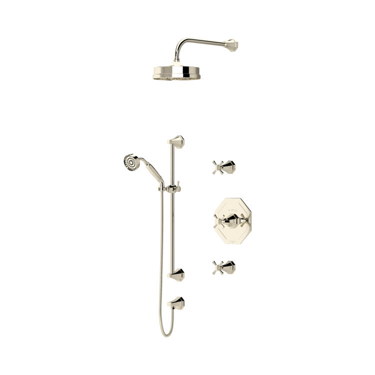 Komplettes Duschsystem aus Messing in polierter Optik mit großer Regenbrause, höhenverstellbarer Handbrause an Gleitschiene und Kreuzgriffen – wandmontierte Thermostatarmatur im Retro-Stil fürs Bad