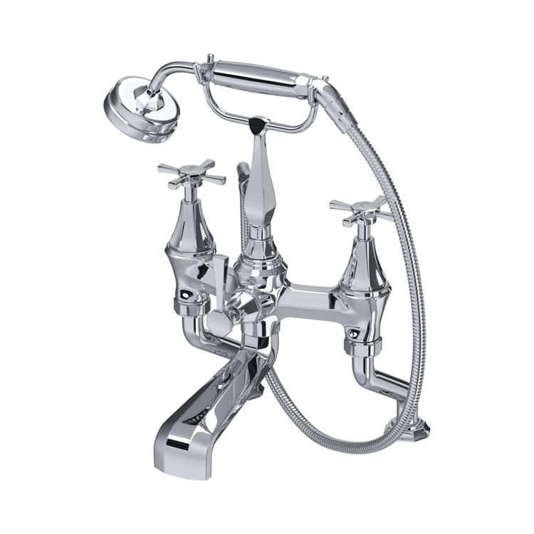Glänzende Badewannenarmatur aus Chrom mit Kreuzgriffen, Auslauf und flexibler Handbrause; klassischer 2-Griff-Wannenmischer für die Badewanne