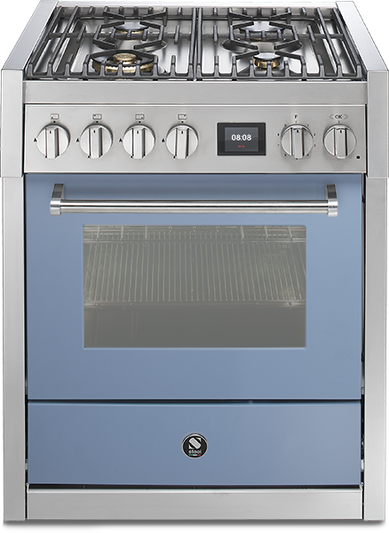 Freistehender Gasherd mit Backofen und Edelstahlfront in Blau – modernes Küchengerät für effizientes Kochen Moderner Gasherd mit vier Kochfeldern, Edelstahloberfläche und blauem Backofen mit digitaler Zeitanzeige