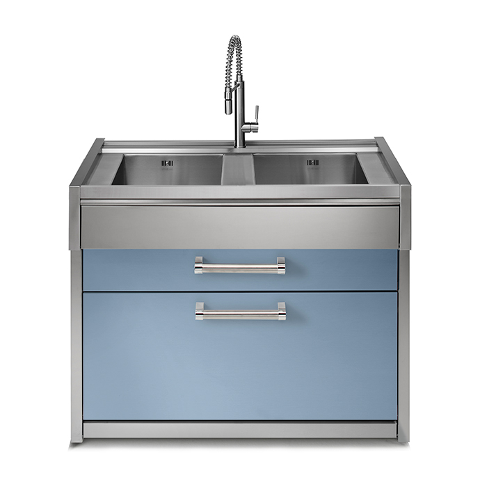 Moderne Edelstahl-Küchenspüle mit Armatur und blauen Schubladen Doppelspüle aus Edelstahl mit moderner Armatur und blauen Frontschubladen, ideal für Küche oder Hauswirtschaftsraum