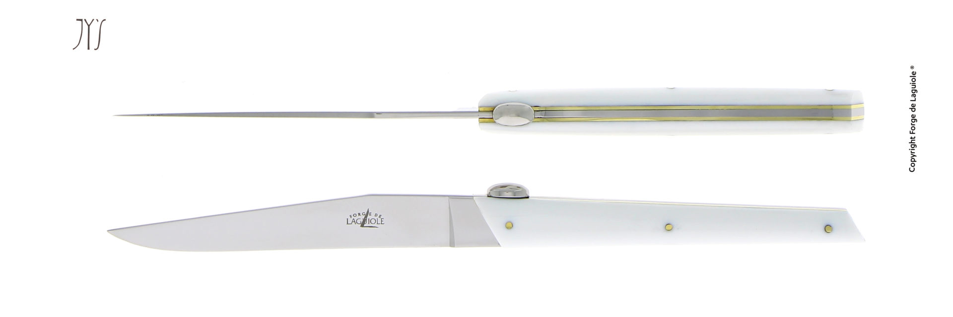Forge de Laguiole Taschenmesser mit weißem Griff und polierter Klinge, exquisites französisches Design Elegantes Forge de Laguiole Klappmesser mit weißem Griff und Edelstahlklinge, seitliche und obere Ansicht auf weißem Hintergrund