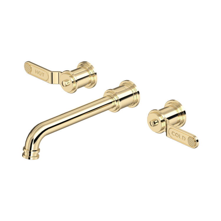 Perrin & Rowe Armstrong 3-Loch Waschtischarmatur zur Wandmontage mit Abdeckplatte, goldfarben: klassischer Auslauf und zwei HOT/COLD-Hebel; mit Keramikkartusche, drehbarem Luftsprudler und Click-Clack-Ablaufgarnitur